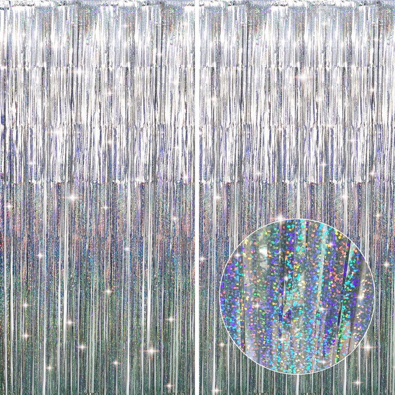 GOER 6.4 ft x 8.2 ft Metallic Tinsel Foil Fringe Curtains,Pack of 2 Party Streamer Backdrop for Birthday,Graduation Decorations and New Year Eve (Shiny Silver) - Image 1